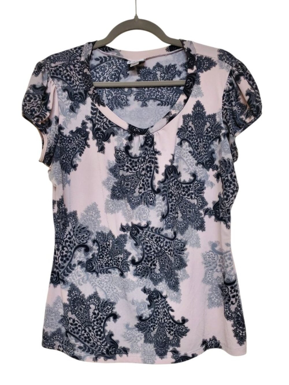 Worthington Pale Pink Black Lace Print Y2K Cap Sleeve Fitted Career Top Size L